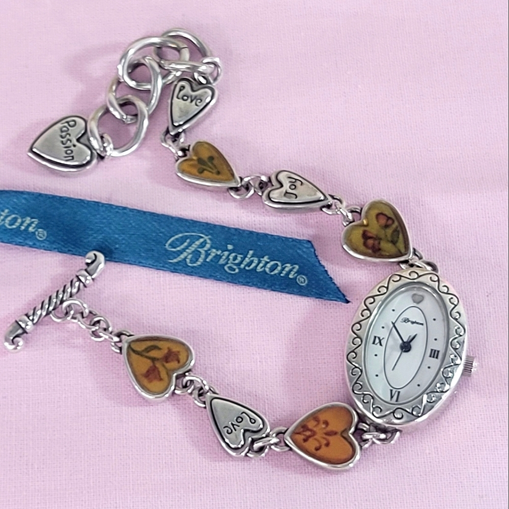 Brighton Silver Heart Link Watch Bracelet with Yellow-Brown Enamel Hearts